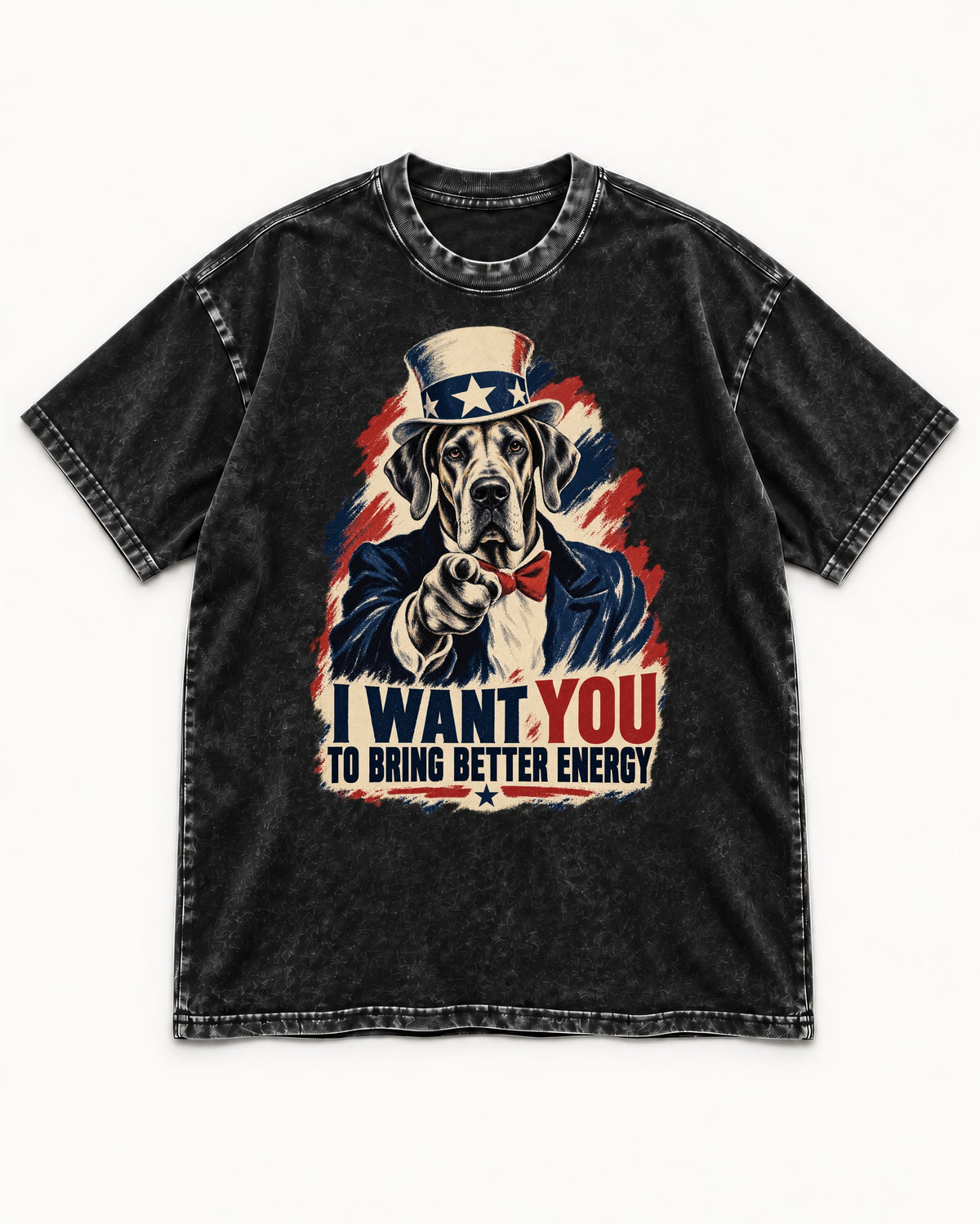 Great Dane I Want You to Bring Better Energy Uncle Sam Graphic Washed Tee in Black, flat lay product photo