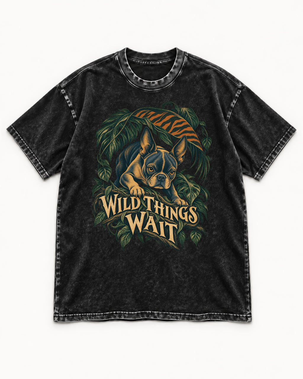 Boston Terrier Wild Things Wait Washed Tee in Black, flat lay product photo