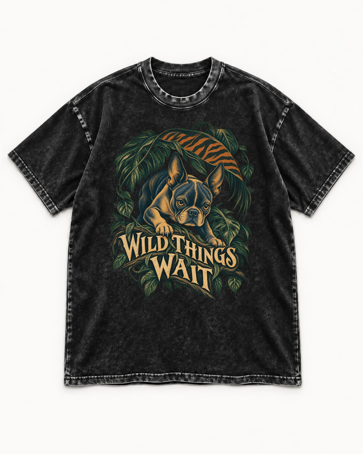 Boston Terrier Wild Things Wait Washed Tee in Black, flat lay product photo