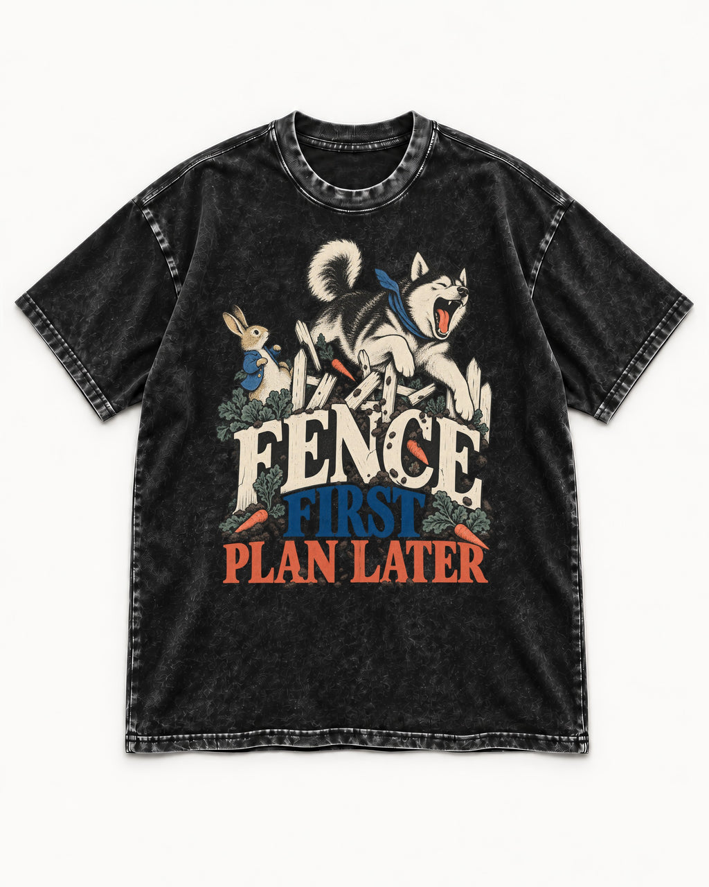 Husky Fence First Plan Later Garden Escape Graphic Washed Tee in Black, flat lay product photo