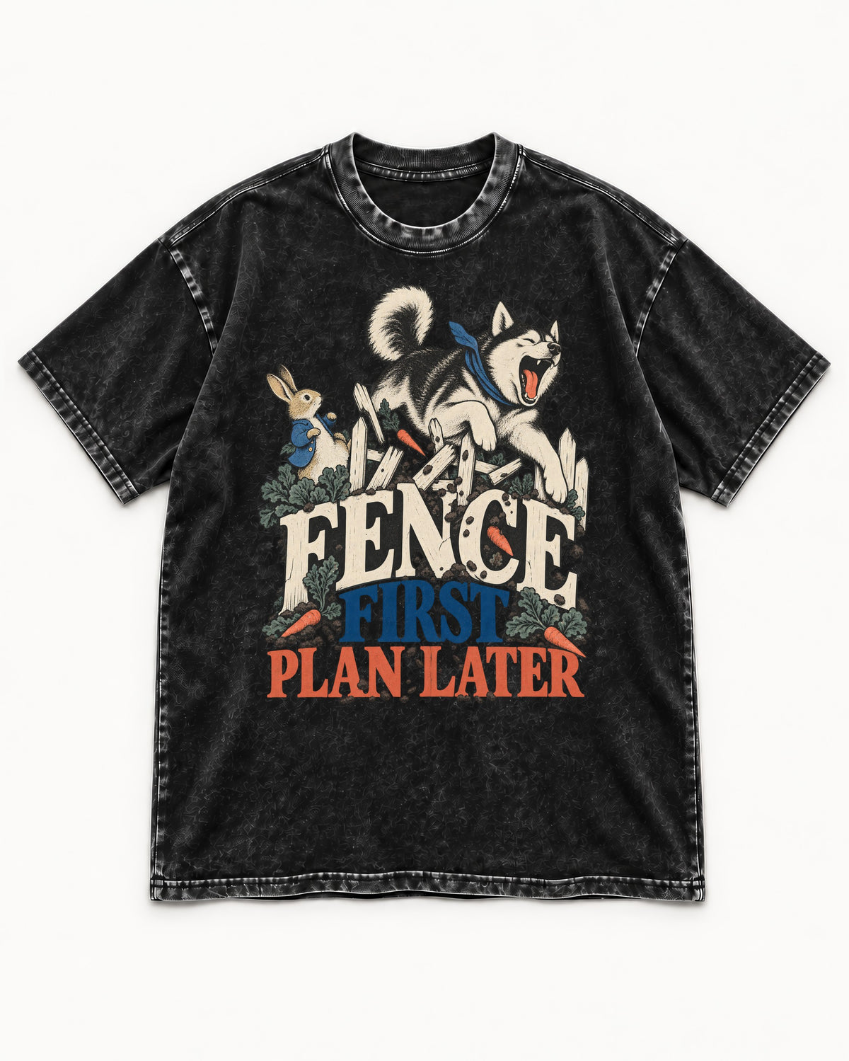 Husky Fence First Plan Later Garden Escape Graphic Washed Tee in Black, flat lay product photo