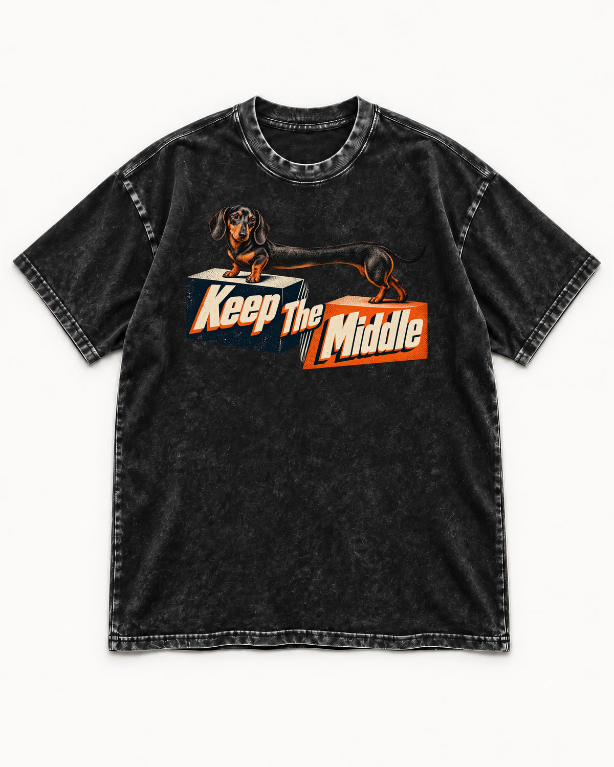 Dachshund Keep The Middle Block Bridge Graphic Washed Tee in Black, flat lay product photo