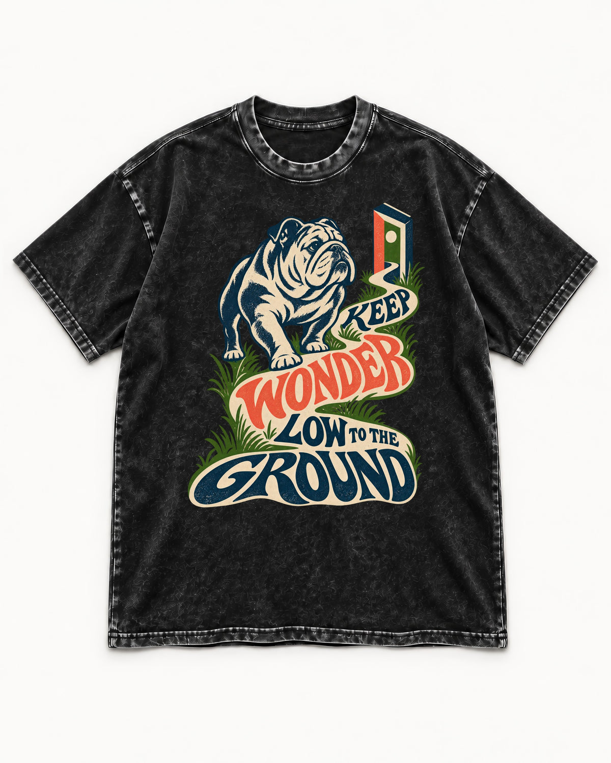 Keep Wonder Low to the Ground English Bulldog Graphic Washed Tee in Black, flat lay product photo