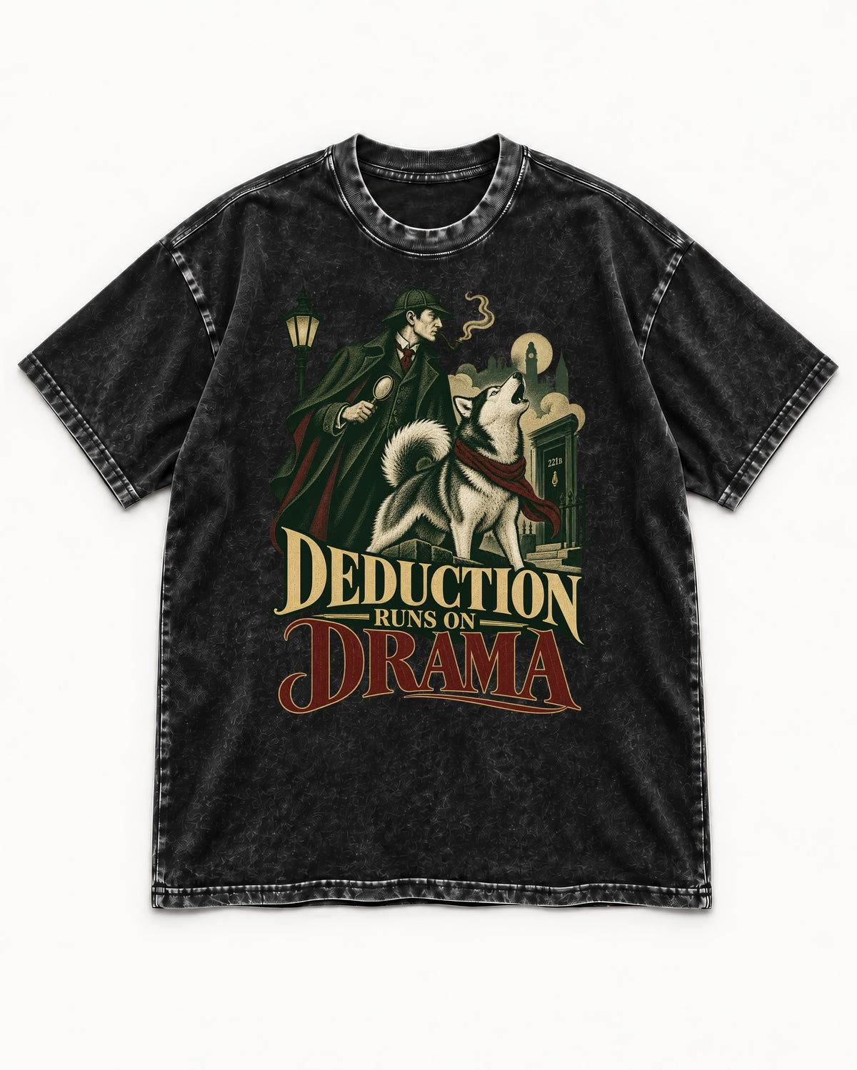 Husky Deduction Runs on Drama Detective Graphic Washed Tee in Black, flat lay product photo