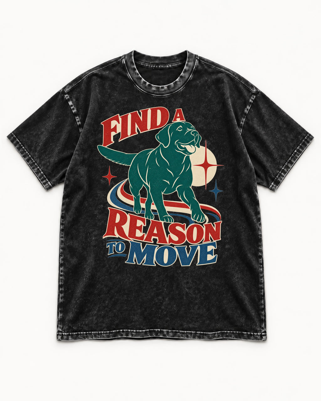 Labrador Retriever Find a Reason to Move Retro Dog Graphic Washed Tee in Black, flat lay product photo