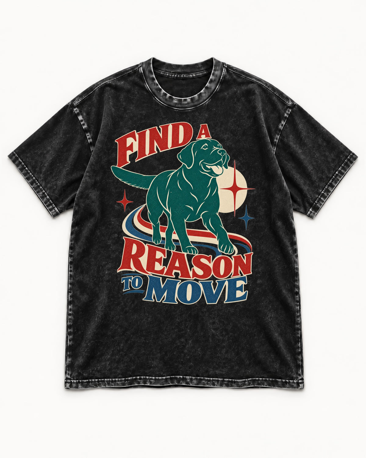 Labrador Retriever Find a Reason to Move Retro Dog Graphic Washed Tee in Black, flat lay product photo