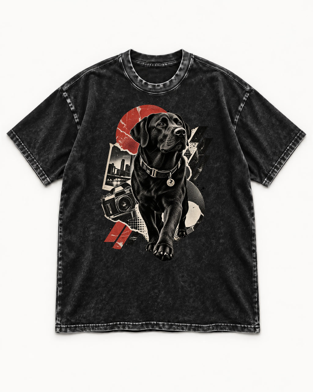Labrador Retriever Camera City Halftone Collage Graphic Washed Tee in Black, flat lay product photo