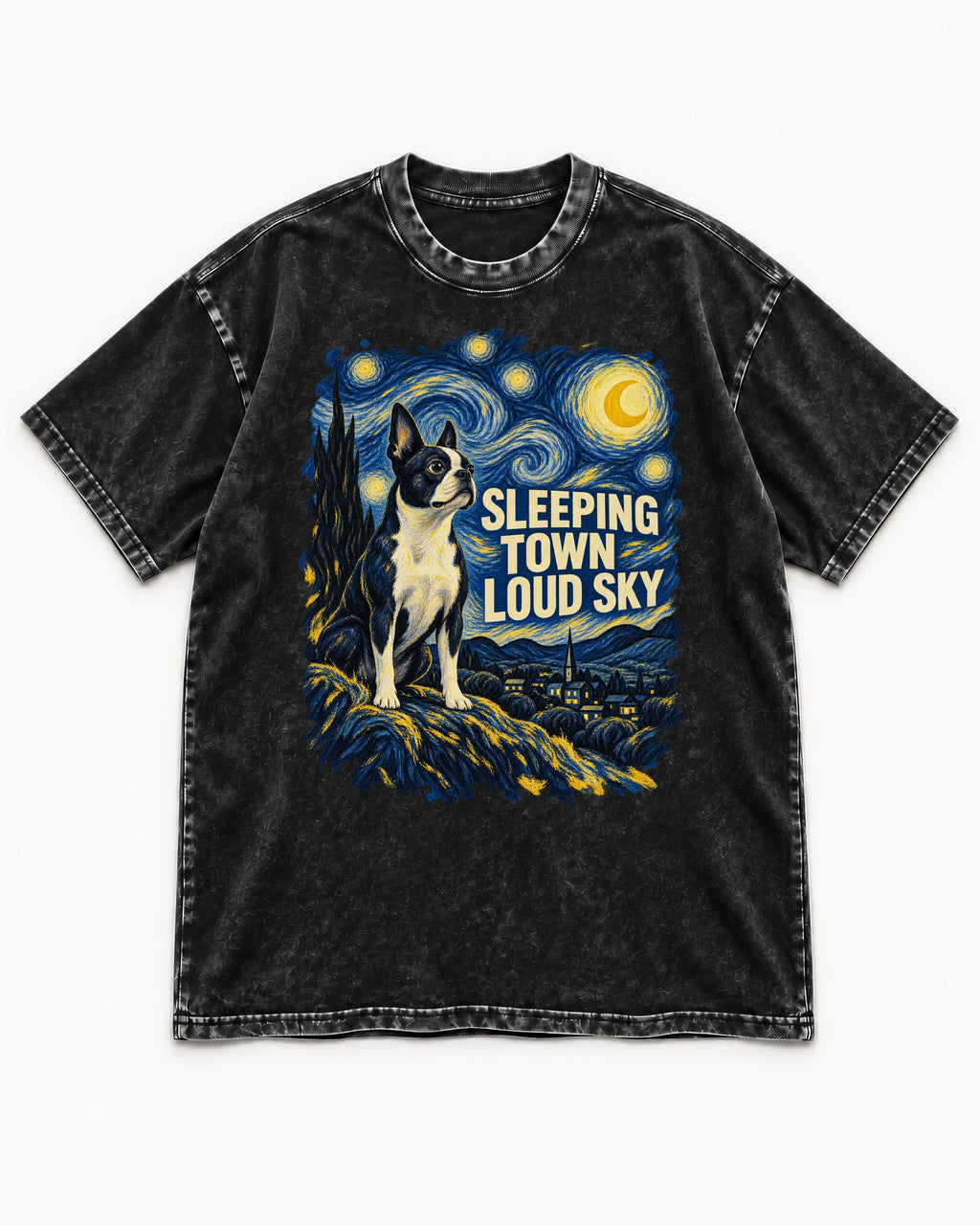 Sleeping Town Loud Sky Boston Terrier Starry Night Washed Tee in Black, flat lay product photo