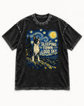 Sleeping Town Loud Sky Boston Terrier Starry Night Washed Tee in Black, flat lay product photo