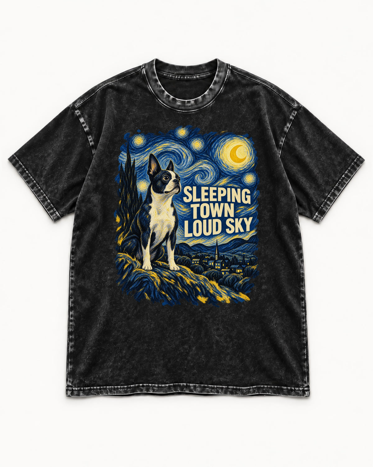 Sleeping Town Loud Sky Boston Terrier Starry Night Washed Tee in Black, flat lay product photo