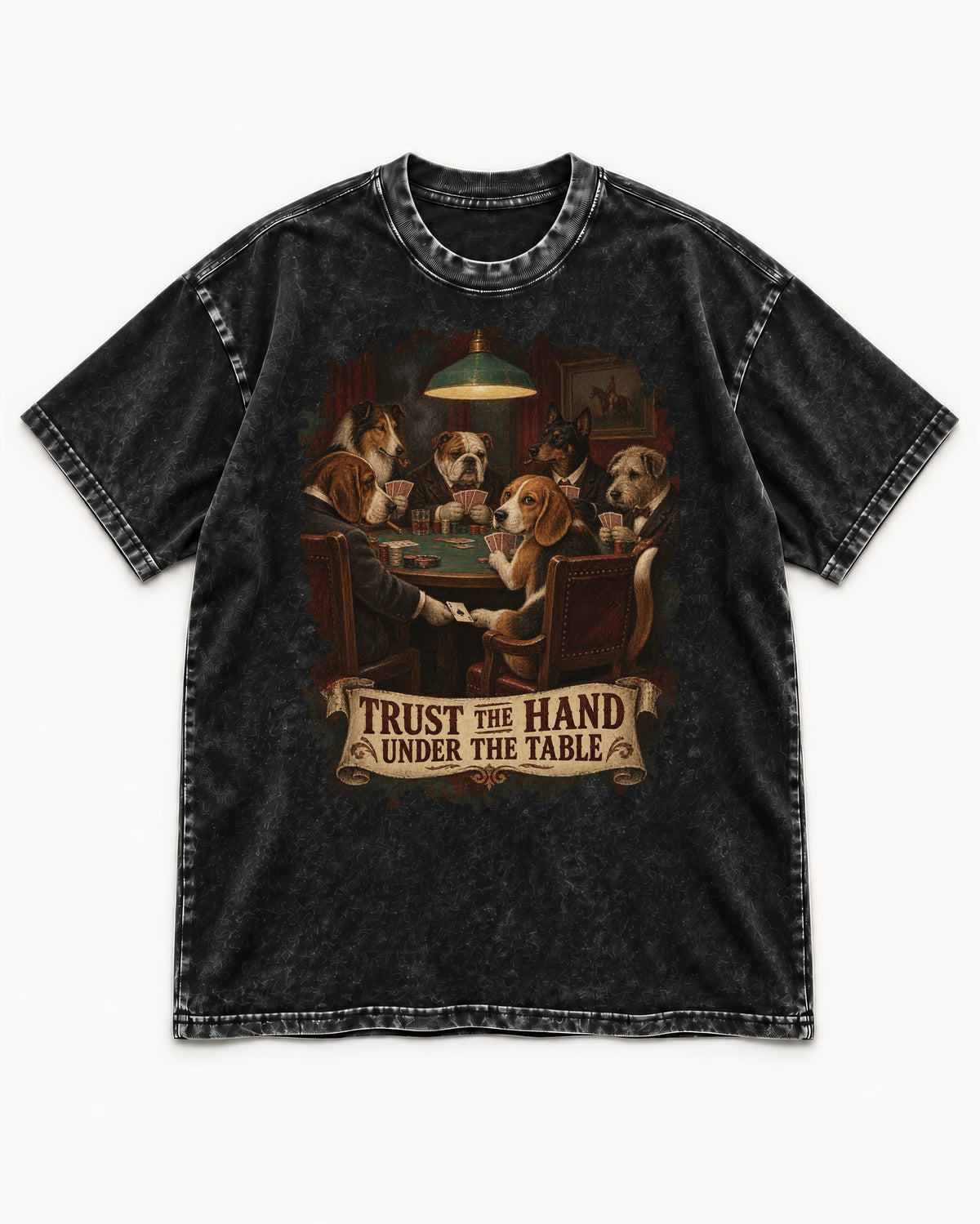 Trust The Hand Under The Table Beagle Poker Night Washed Tee in Black, flat lay product photo