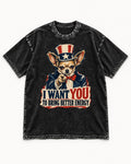Chihuahua I Want You to Bring Better Energy Uncle Sam Graphic Washed Tee in Black, flat lay product photo