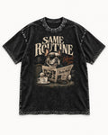 Frenchie Same Routine Different View Graphic Washed Tee in Black, flat lay product photo