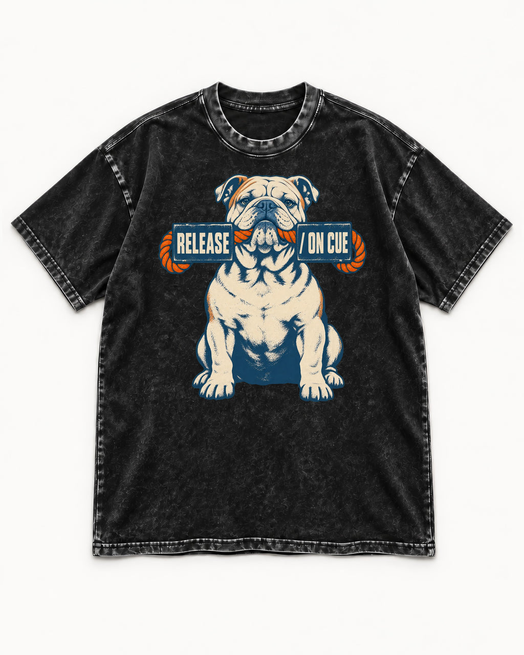 English Bulldog Release on Cue Rope Sign Graphic Washed Tee in Black, flat lay product photo