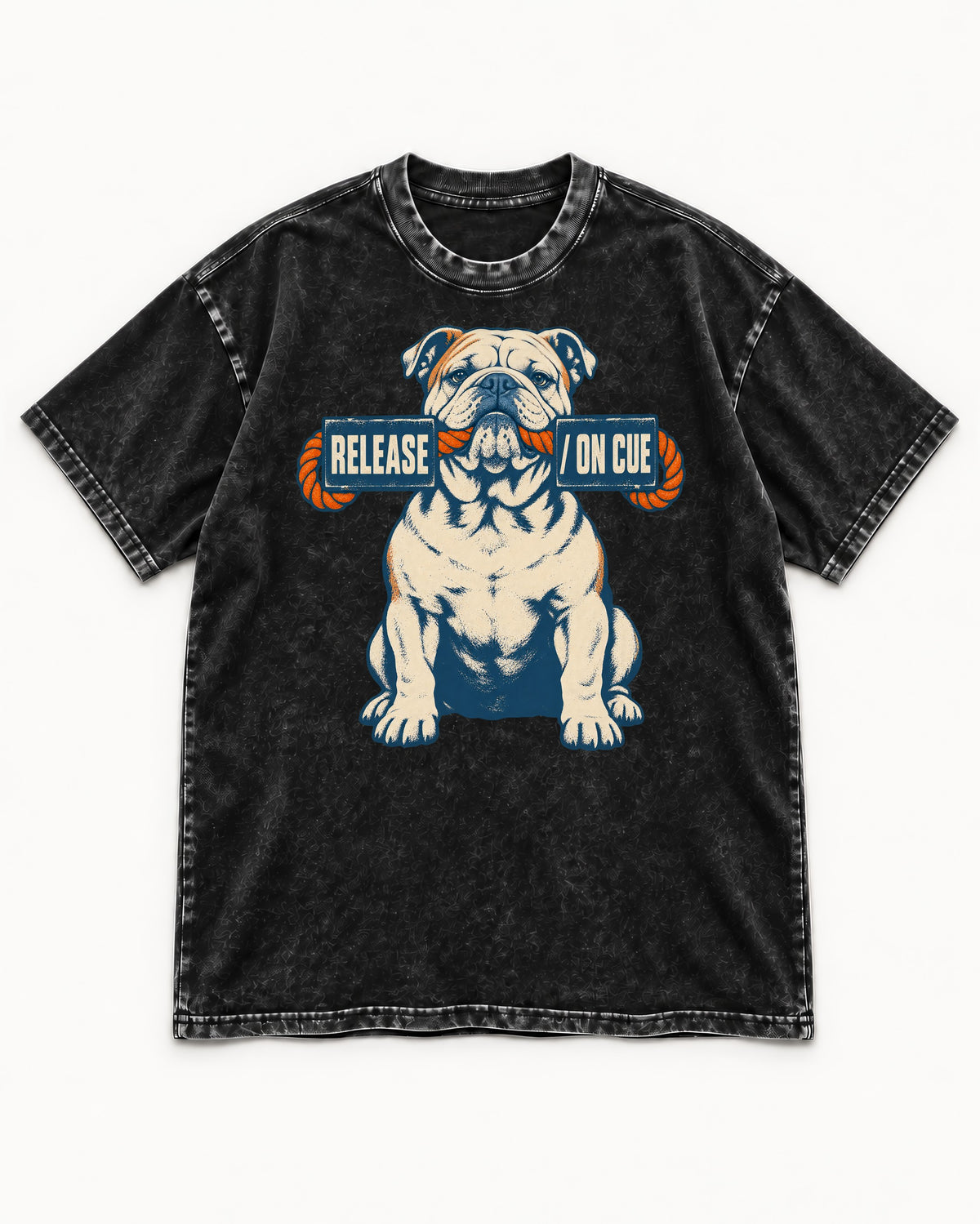 English Bulldog Release on Cue Rope Sign Graphic Washed Tee in Black, flat lay product photo