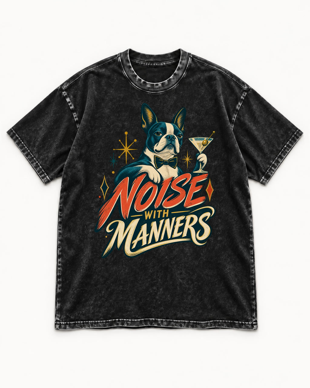 Boston Terrier Noise With Manners Cocktail Graphic Washed Tee in Black, flat lay product photo