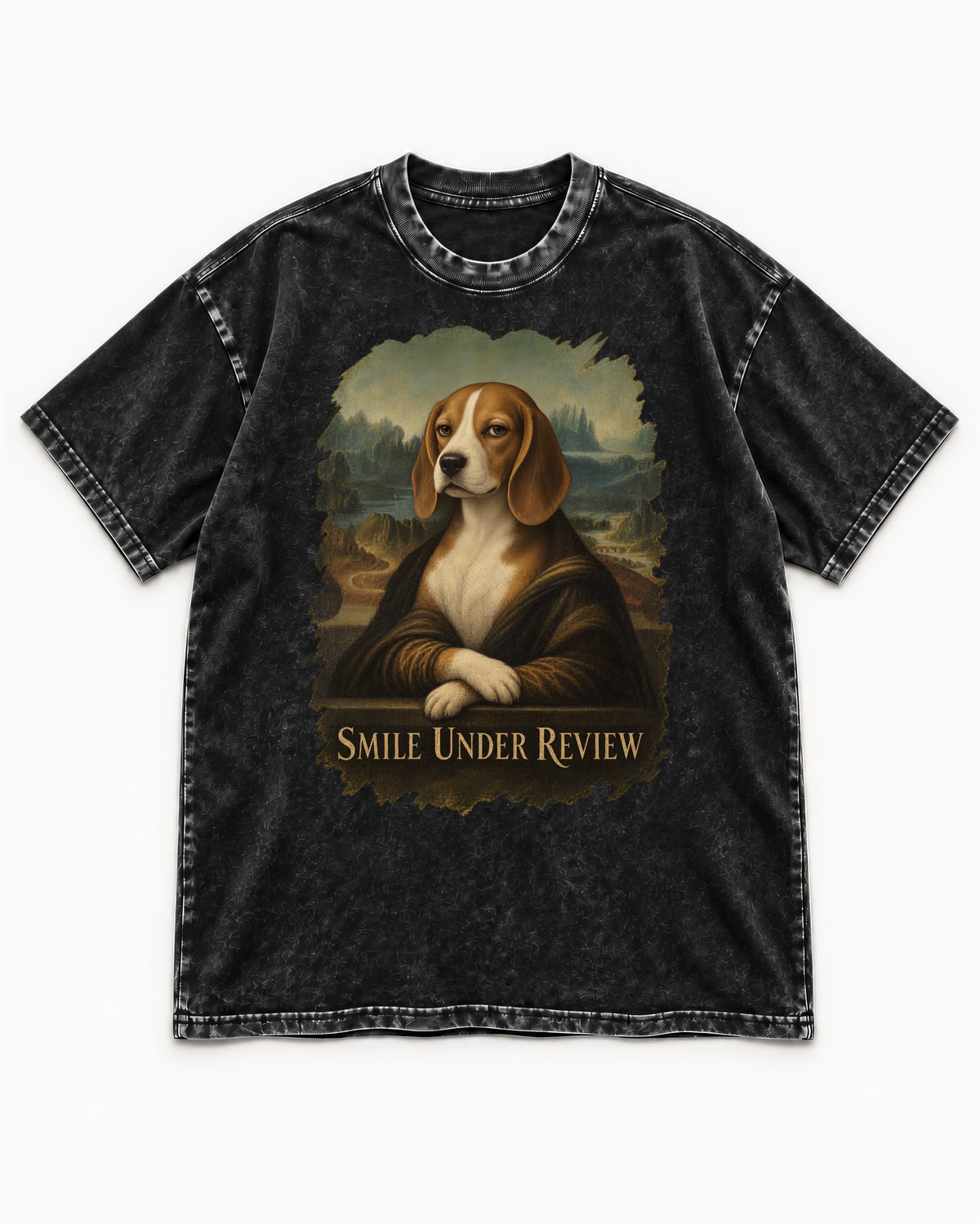 Smile Under Review Beagle Portrait Washed Tee in Black, flat lay product photo
