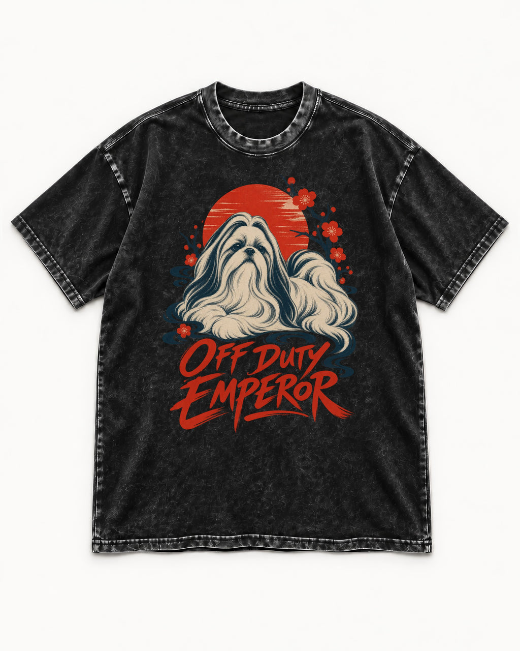 Shih Tzu Off Duty Emperor Sunset Blossom Graphic Washed Tee in Black, flat lay product photo