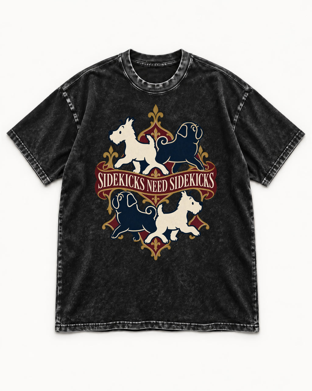 Pug Sidekicks Need Sidekicks Heraldic Graphic Washed Tee in Black, flat lay product photo