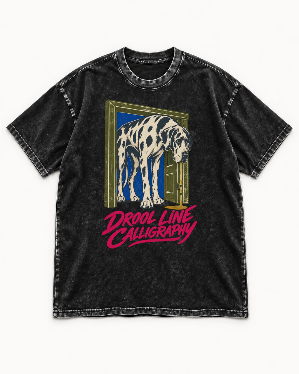 Great Dane Drool Line Calligraphy Doorway Graphic Washed Tee in Black, flat lay product photo