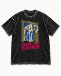Great Dane Drool Line Calligraphy Doorway Graphic Washed Tee in Black, flat lay product photo