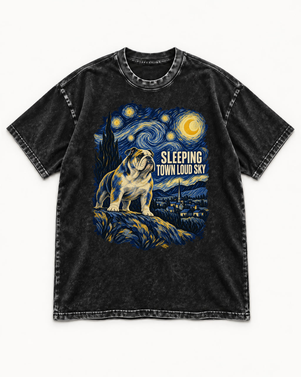 English Bulldog Sleeping Town Loud Sky Starry Night Graphic Washed Tee in Black, flat lay product photo