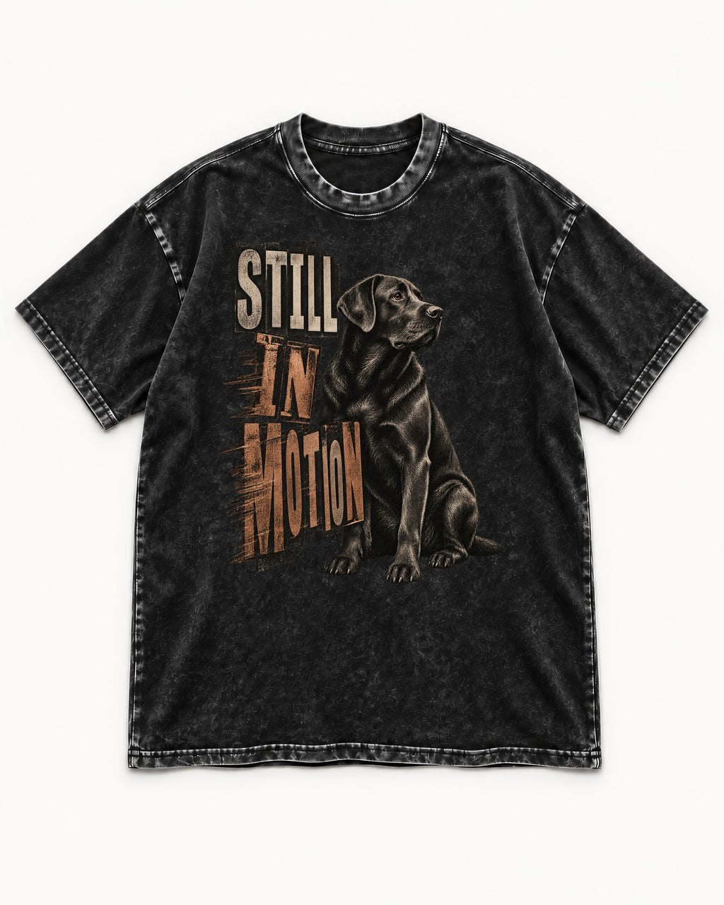 Labrador Retriever Still in Motion Seated Graphic Washed Tee in Black, flat lay product photo