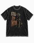 Labrador Retriever Still in Motion Seated Graphic Washed Tee in Black, flat lay product photo