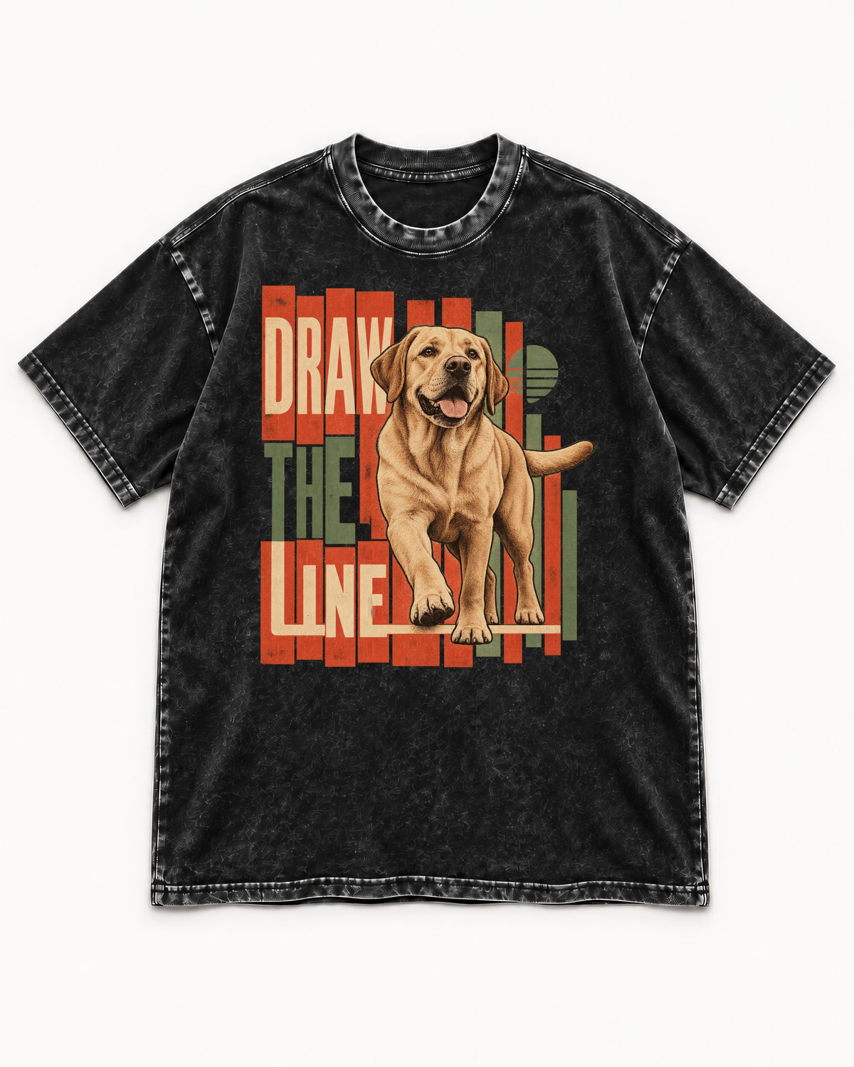 Labrador Retriever Draw the Line Stepping Graphic Washed Tee in Black, flat lay product photo