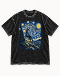 Doberman Night Shift Orbital Division Starry Night Graphic Washed Tee in Black, flat lay product photo
