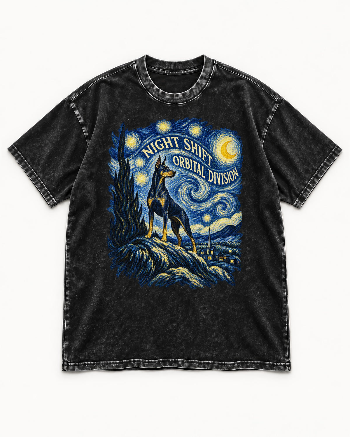 Doberman Night Shift Orbital Division Starry Night Graphic Washed Tee in Black, flat lay product photo
