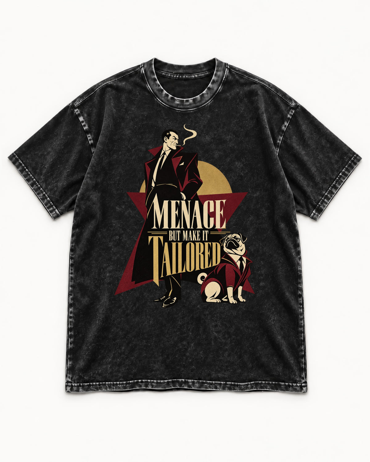 Pug Menace But Make It Tailored Graphic Washed Tee in Black, flat lay product photo