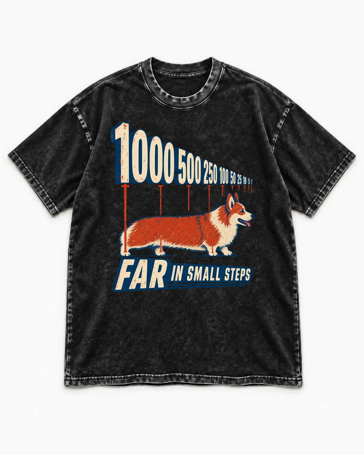 Corgi Far in Small Steps Washed Tee in Black, flat lay product photo