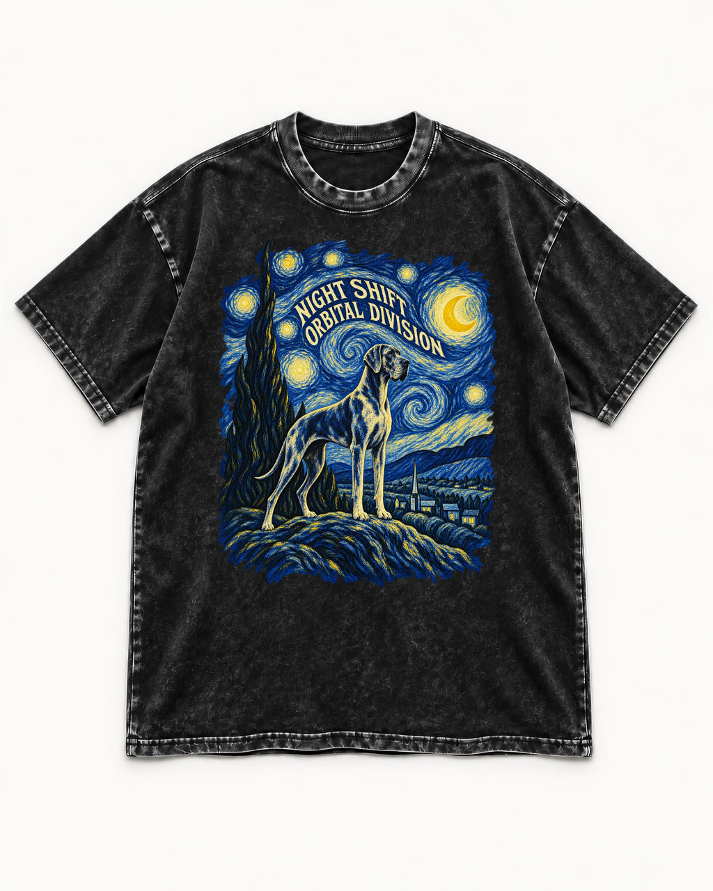 Great Dane Night Shift Orbital Division Starry Sky Graphic Washed Tee in Black, flat lay product photo