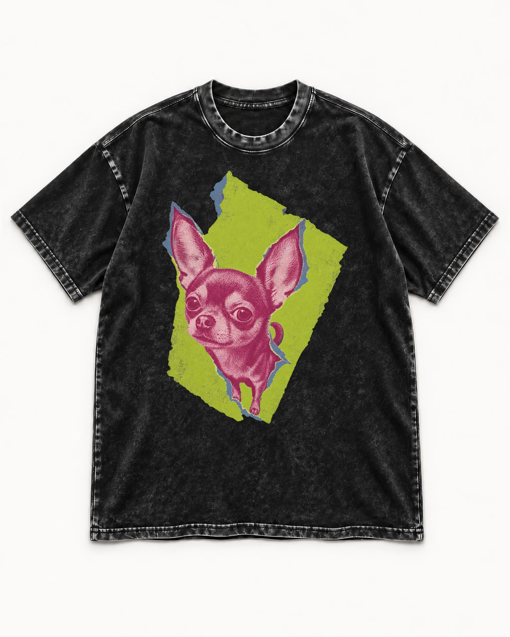 Torn-Paper Chihuahua Portrait Washed Tee in Black, flat lay product photo