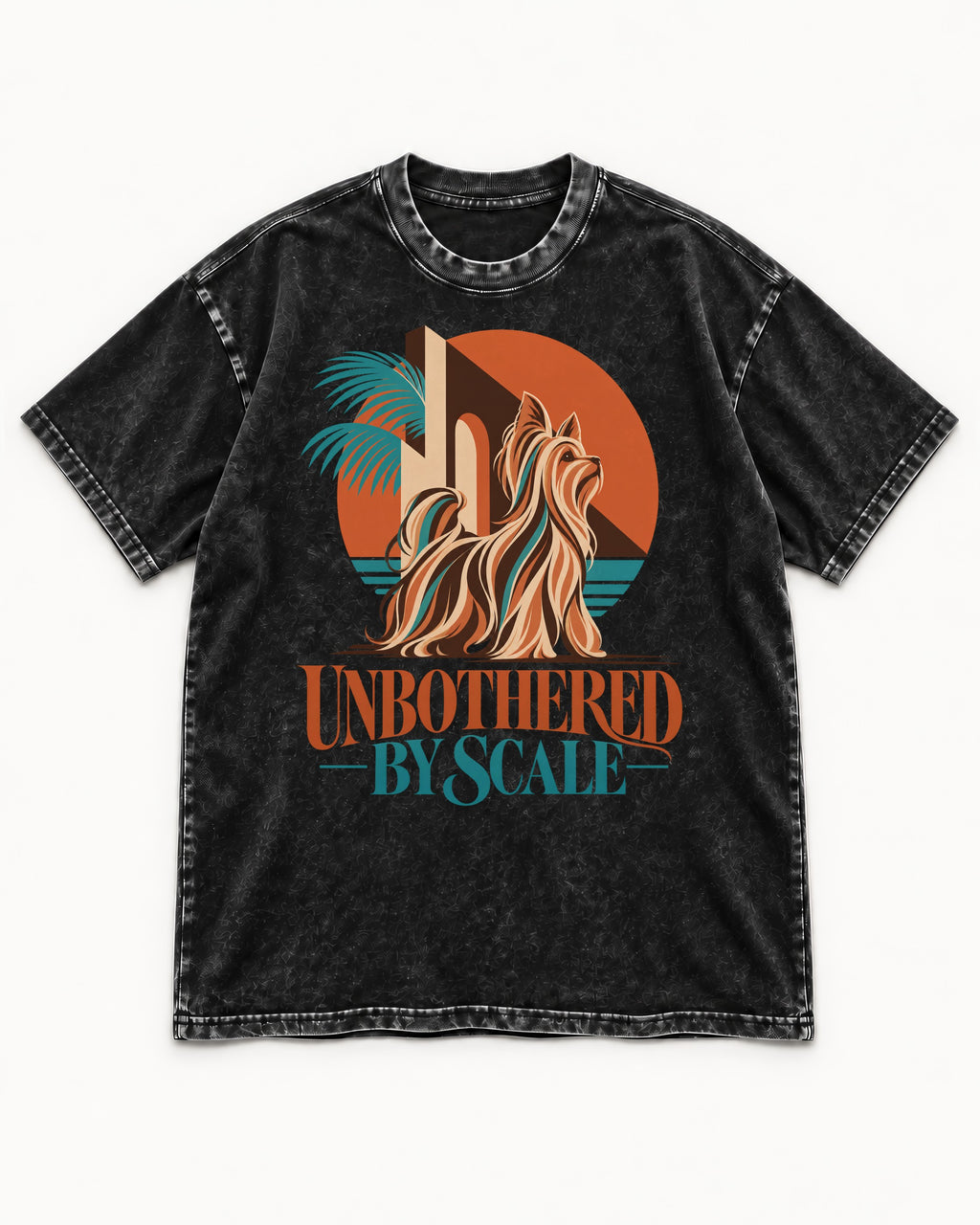 Yorkshire Terrier Unbothered by Scale Tropical Architecture Graphic Washed Tee in Black, flat lay product photo