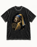 Pitbull Quiet Luxury Loud Eyes Pearl Earring Portrait Graphic Washed Tee in Black, flat lay product photo