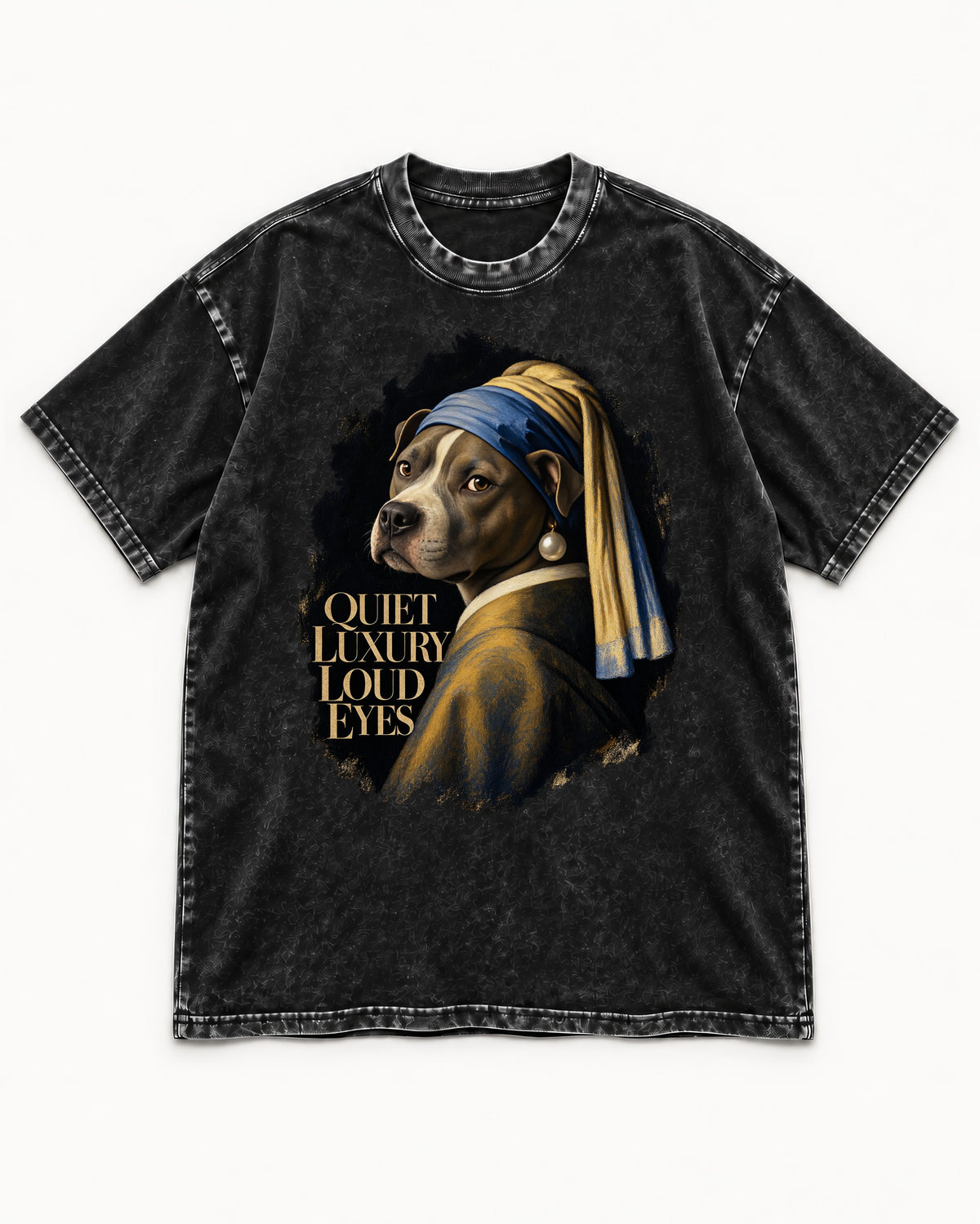 Pitbull Quiet Luxury Loud Eyes Pearl Earring Portrait Graphic Washed Tee in Black, flat lay product photo