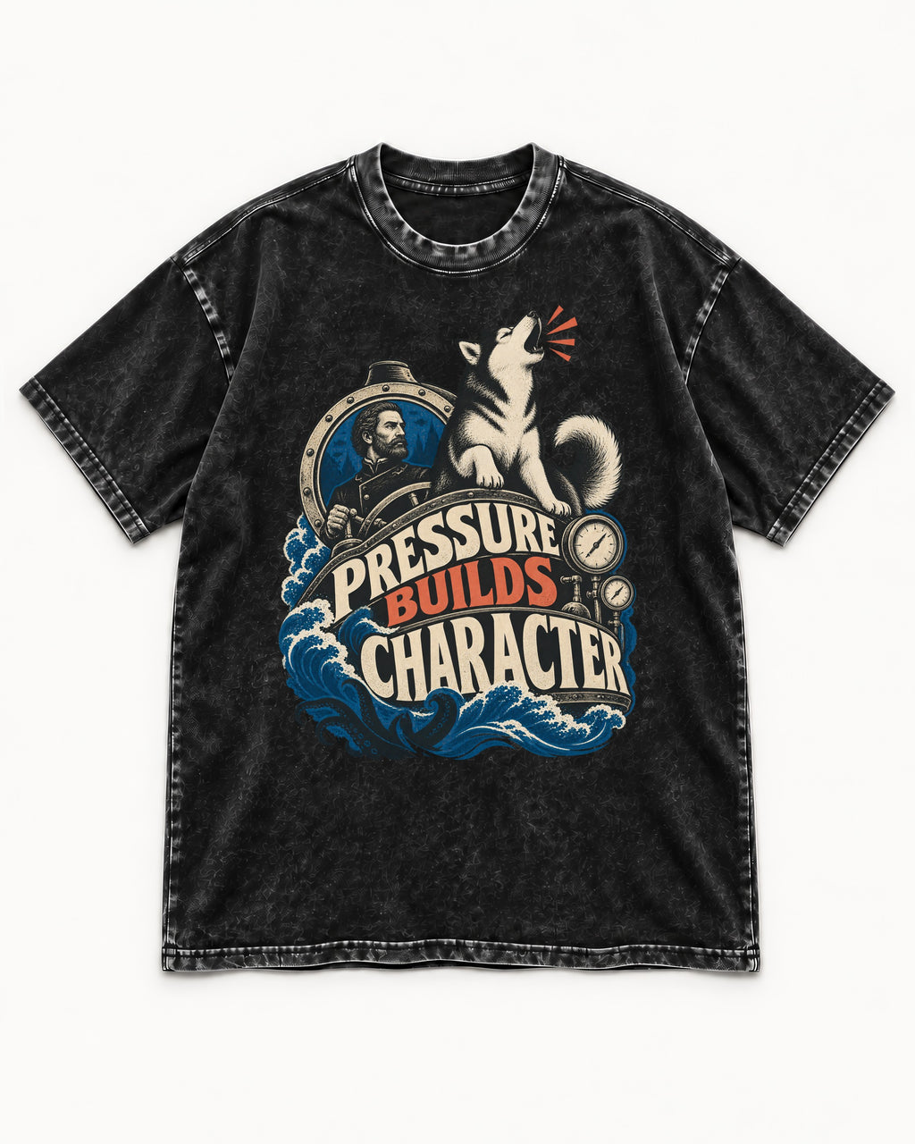 Husky Pressure Builds Character Deep Sea Graphic Washed Tee in Black, flat lay product photo