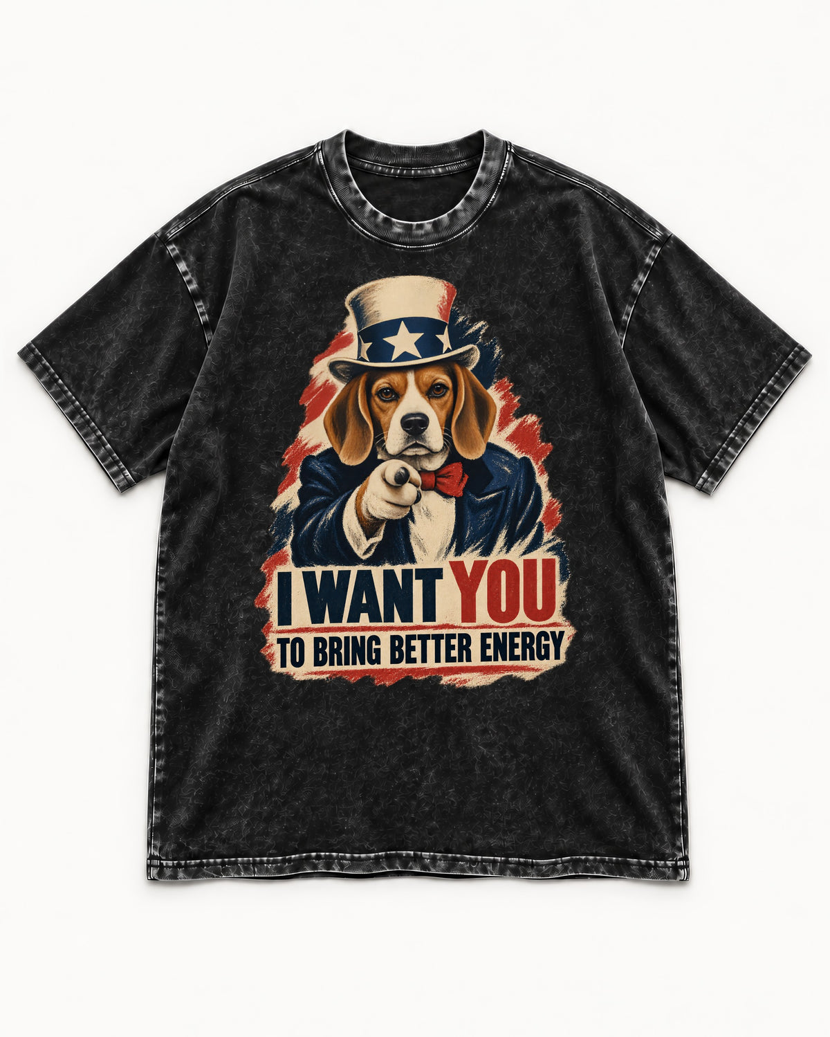 Beagle Wants Better Energy Washed Tee in Black, flat lay product photo