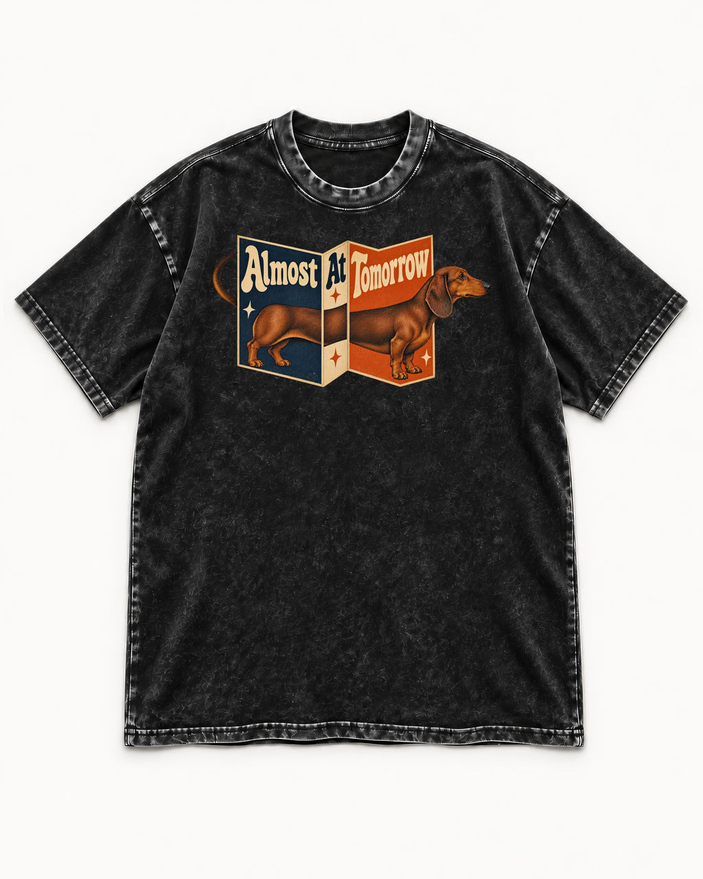 Dachshund Almost At Tomorrow Folding Screen Graphic Washed Tee in Black, flat lay product photo