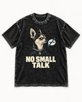 Chihuahua No Small Talk Speech-Off Portrait Graphic Washed Tee in Black, flat lay product photo