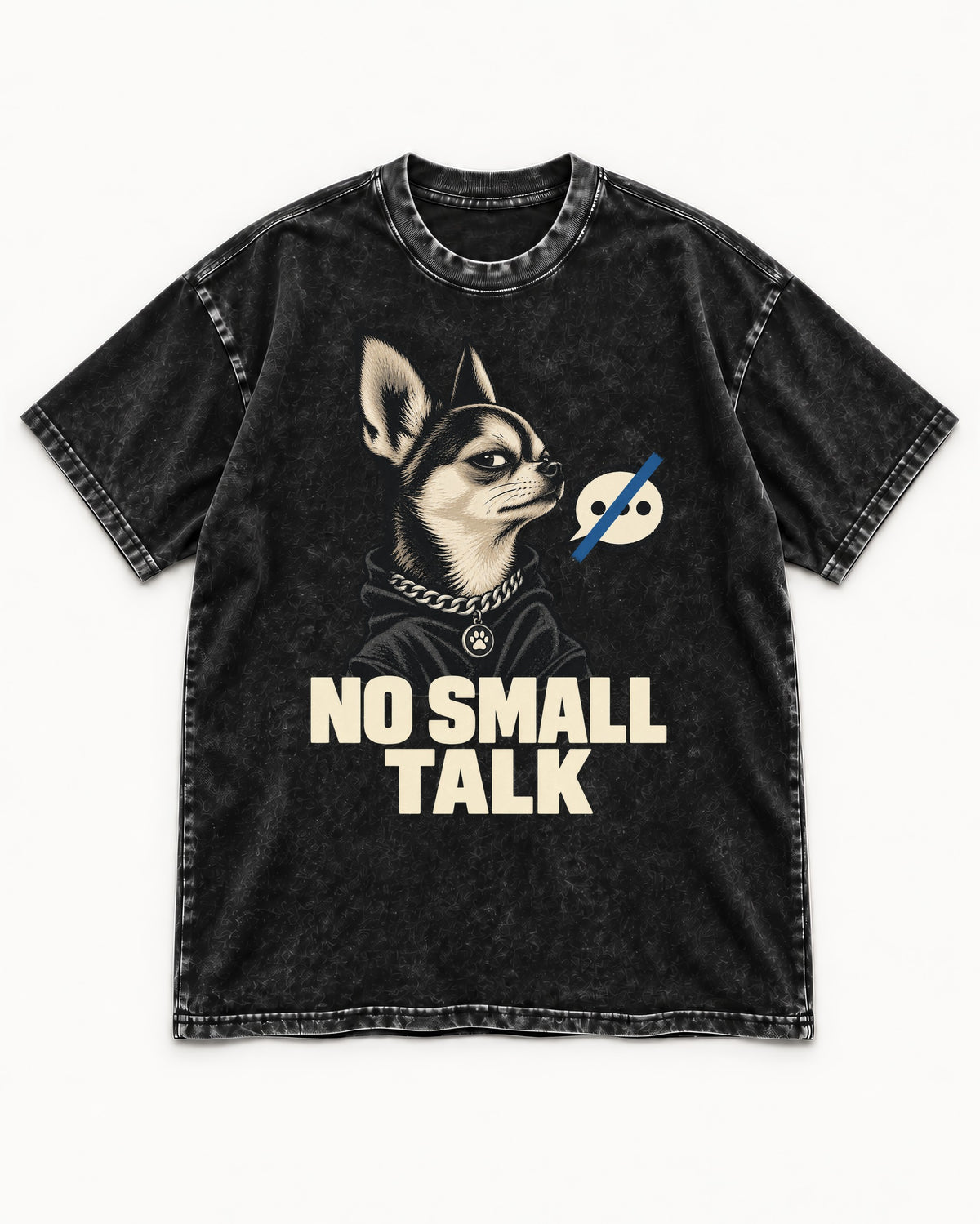 Chihuahua No Small Talk Speech-Off Portrait Graphic Washed Tee in Black, flat lay product photo