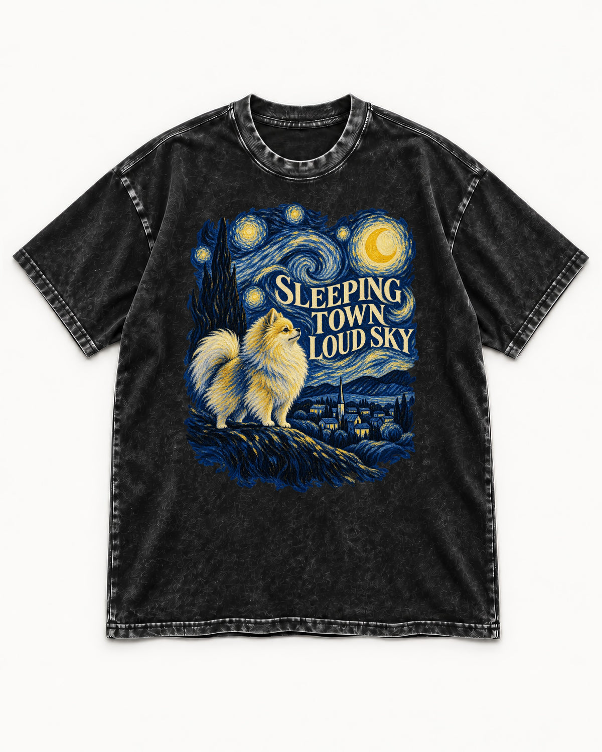 Pomeranian Sleeping Town Loud Sky Starry Night Graphic Washed Tee in Black, flat lay product photo