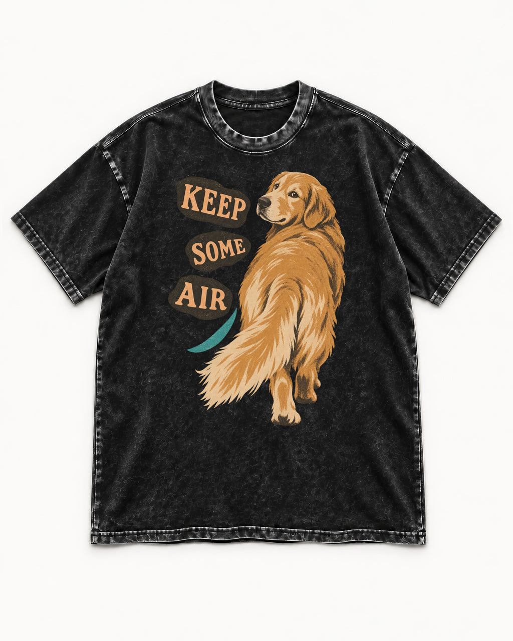 Golden Retriever Keep Some Air Looking Back Graphic Washed Tee in Black, flat lay product photo