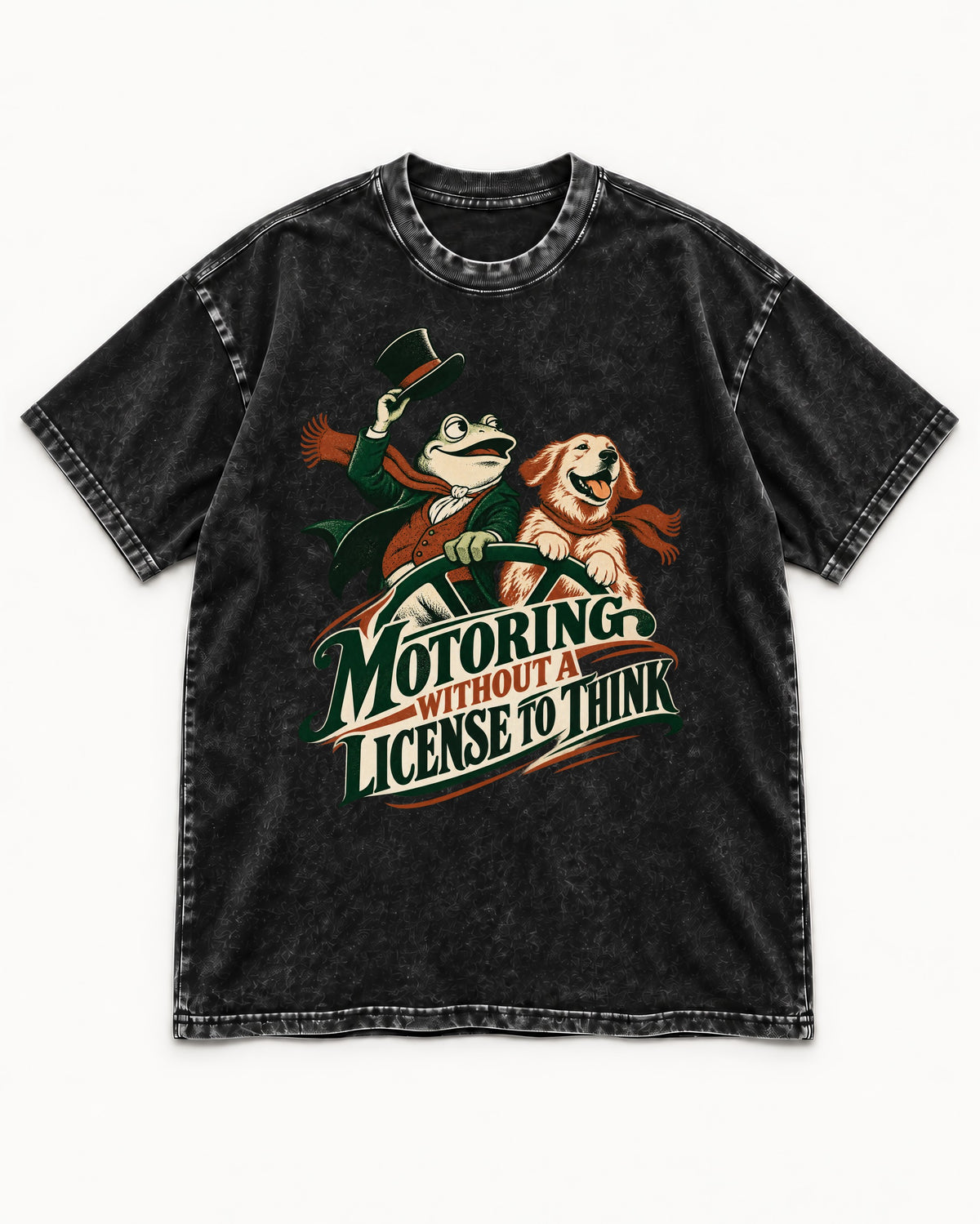 Golden Retriever Motoring Without a License to Think Driving Graphic Washed Tee in Black, flat lay product photo