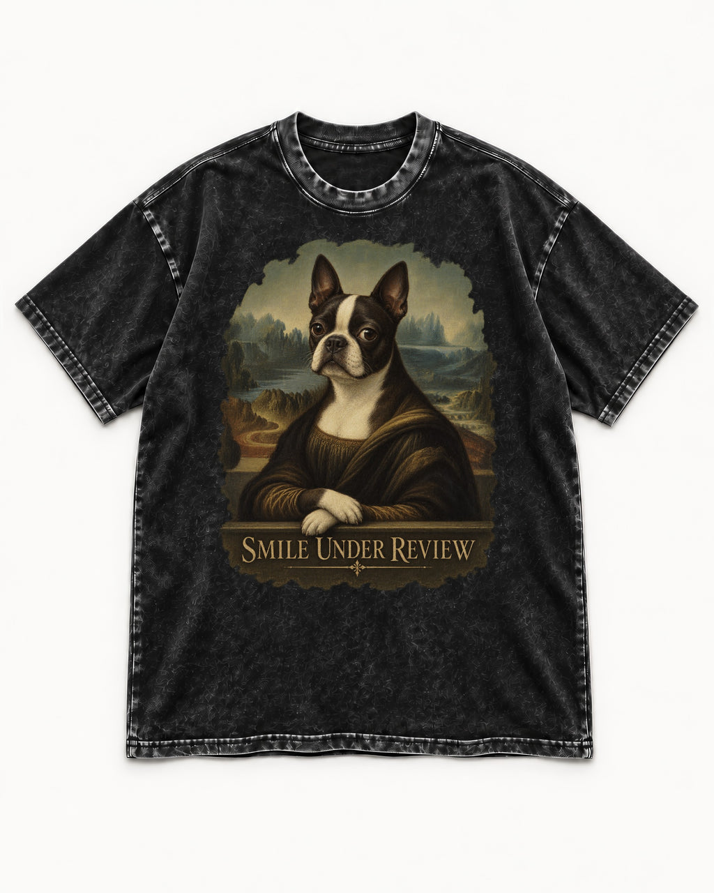 Smile Under Review Boston Terrier Mona Lisa Portrait Washed Tee in Black, flat lay product photo