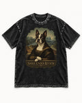 Smile Under Review Boston Terrier Mona Lisa Portrait Washed Tee in Black, flat lay product photo