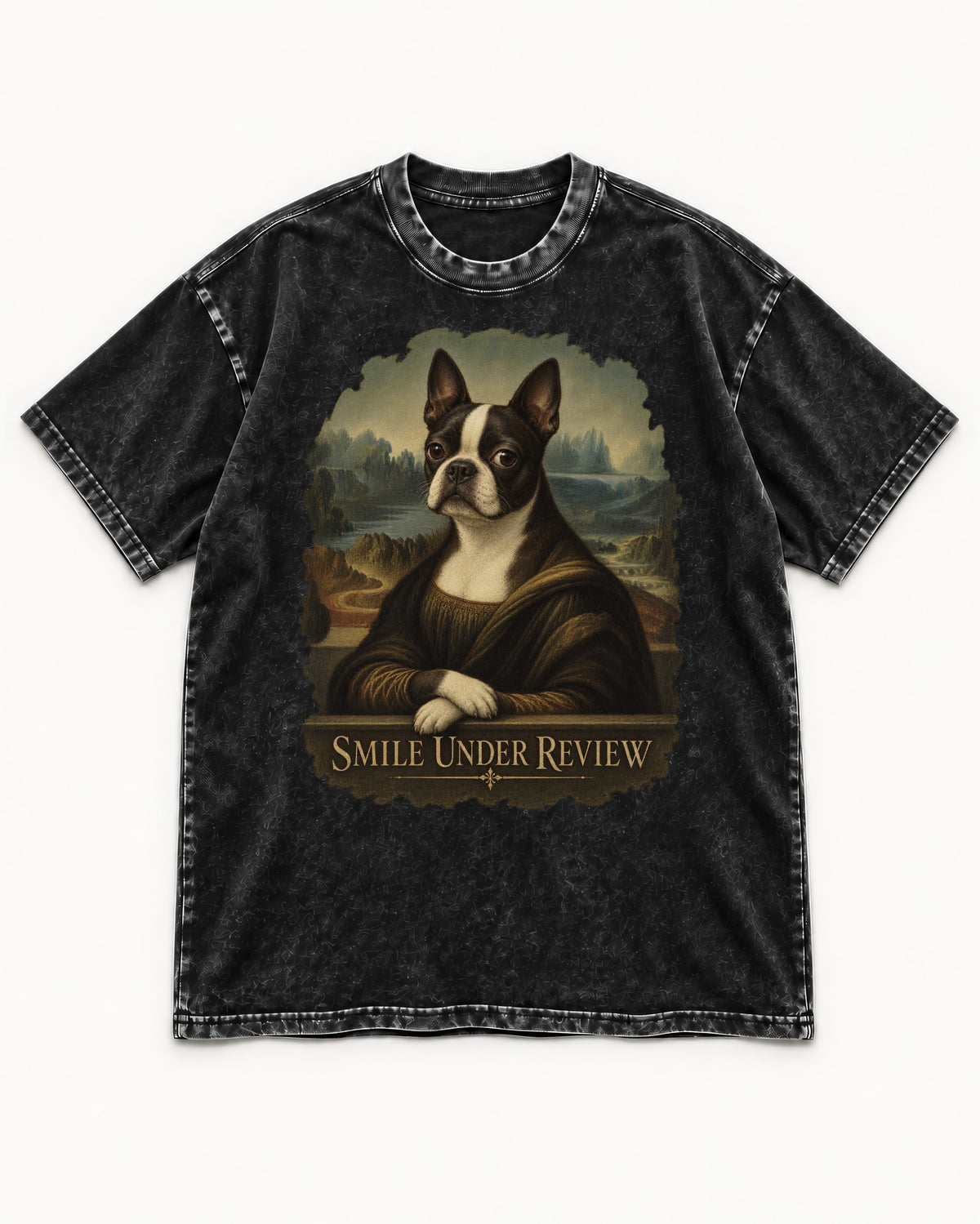 Smile Under Review Boston Terrier Mona Lisa Portrait Washed Tee in Black, flat lay product photo