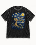 Yorkshire Terrier Sleeping Town Loud Sky Starry Night Graphic Washed Tee in Black, flat lay product photo